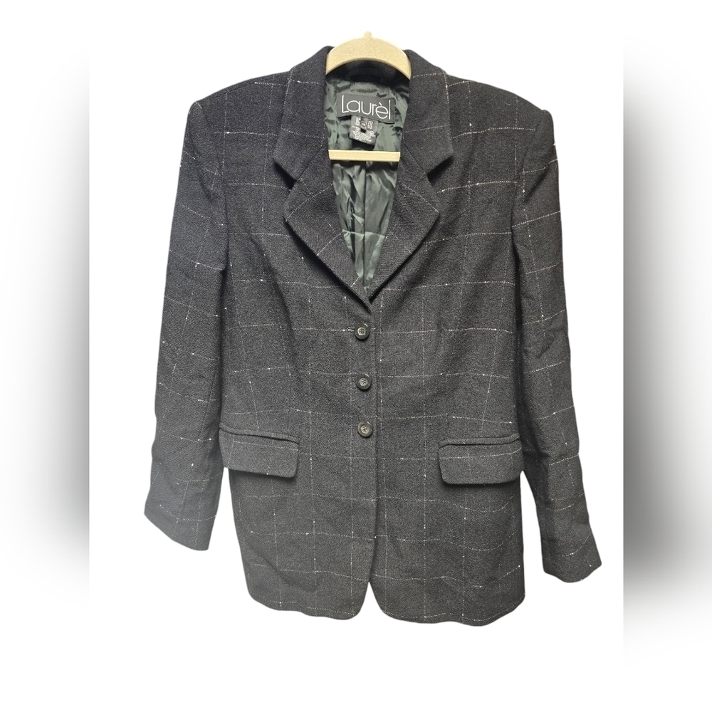 Laurel Windowpane Blazer Jacket Black/Cream Plaid Sz. 38 Vintage